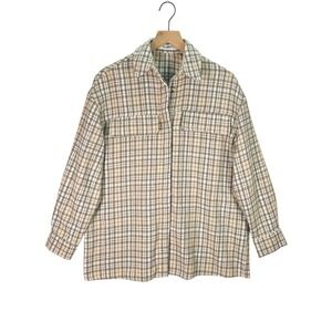 4TH + RECKLESS Beige Tan Plaid‎ Shirt Jacket Shacket Button Down Oversized Sz XS